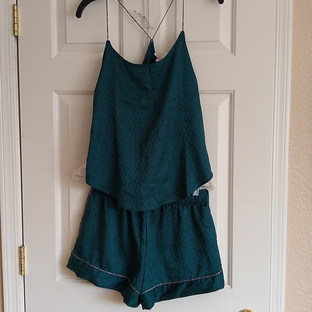 Victoria's Secret Emerald green, leopard piping trim, camisole and shorts set